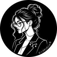 Stilisierte Frau mit Brille, Perlen-Brillenkette und Brosche am Revers
